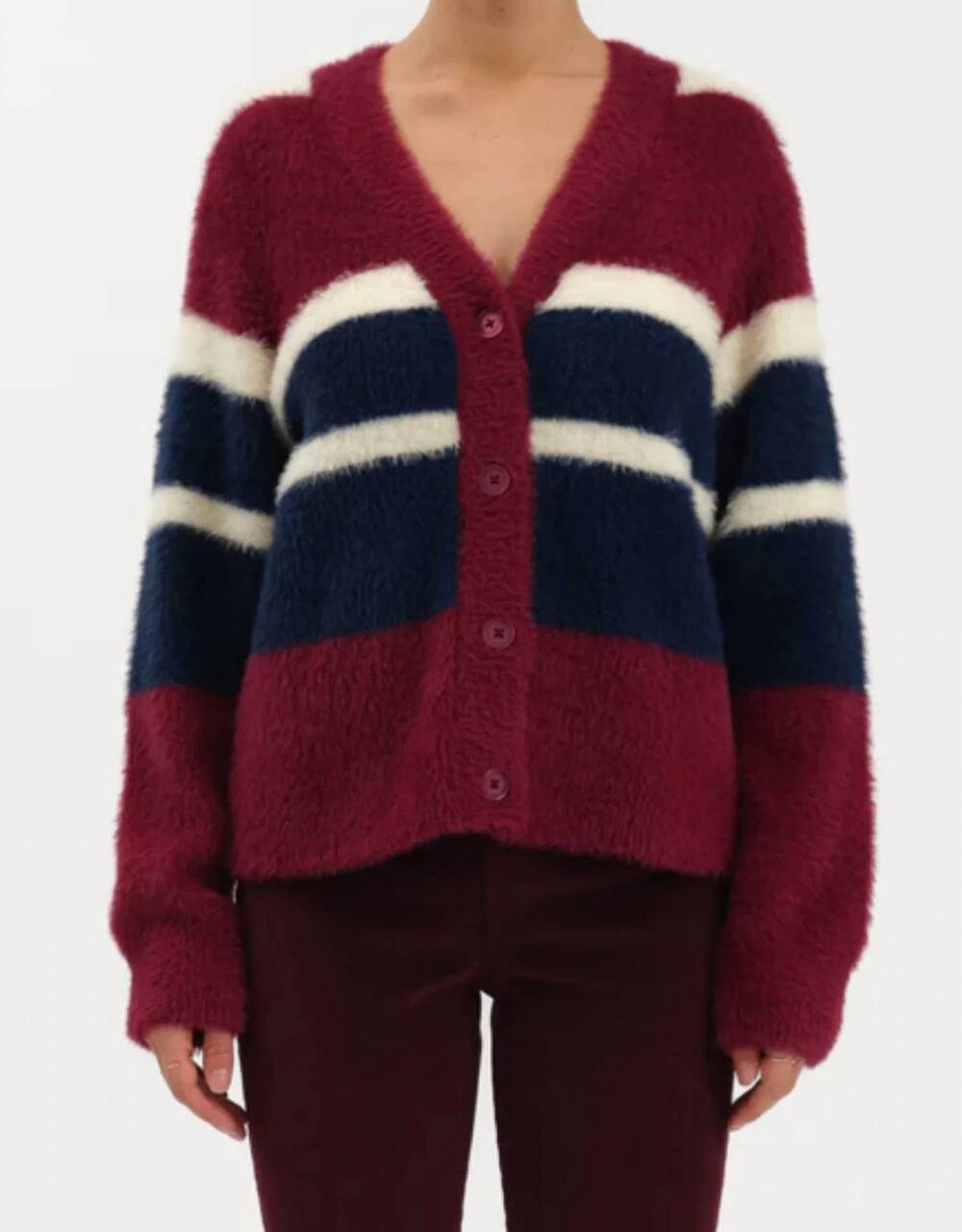 NEW DAZE bleeker fuzzy cardigan in fig multi stripe